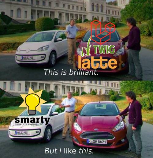 Top Gear 'but I like this' meme captioned with Twig, Latte, and Smarty
